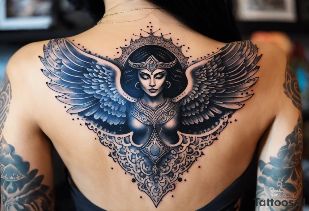 black kali, goddess pirate, alien, angel, pachamama, valkrye, warrior, flying, skull, lotus azul, wing, eagle, zenza resonance, stars, 5D, anahata chakra, death, durga, riding on a tiger, flying lady, chest tatoo tattoo idea