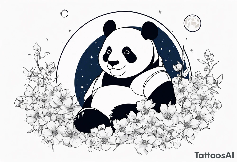 Panda shaped gundam, flying over moon, falling flowers, line art tattoo idea