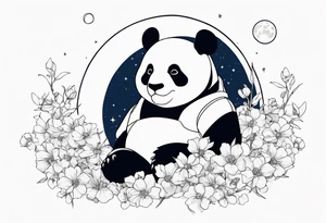 Panda shaped gundam, flying over moon, falling flowers, line art tattoo idea