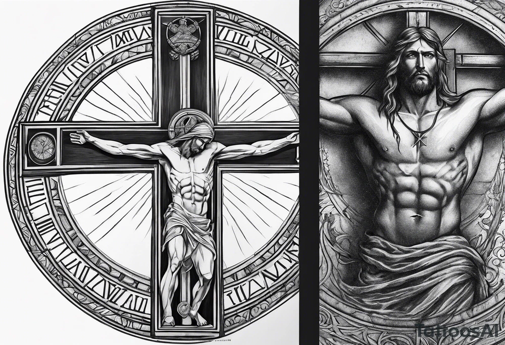 Circle made with Roman numerals, with a crucified man inside the circle tattoo idea Circle made with Roman numerals, with a crucified man inside the circle tattoo idea