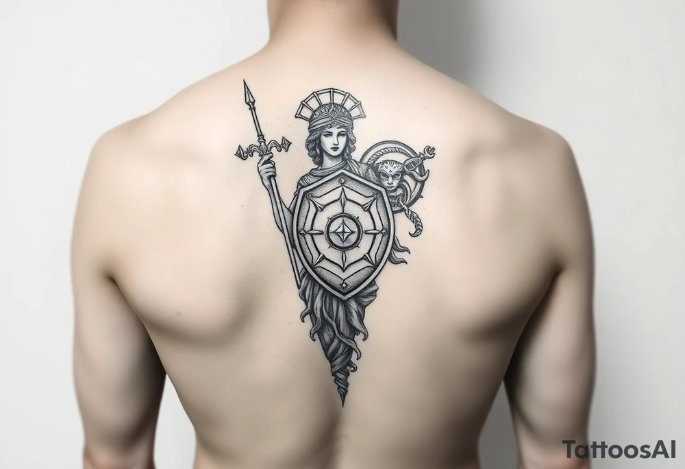 Athena goddess of war and wisdom with her Medusa shield and spear as a women’s sleeve tattoo idea