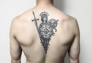 Athena goddess of war and wisdom with her Medusa shield and spear as a women’s sleeve tattoo idea