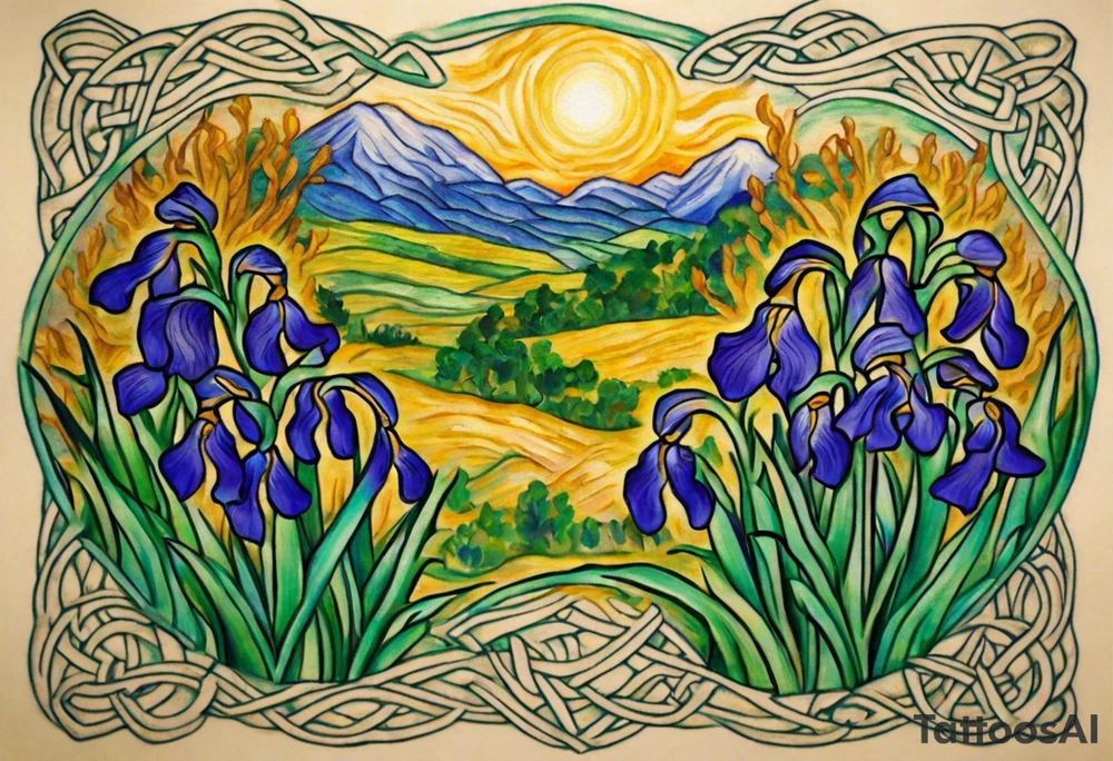 Create a small, thick, colorful Vincent van Gogh Irises tattoo, with vines in Celtic knots gracefully intertwining at mountains need to be present. The intended placement is on the upper chest. The overall design should be small in size while maintaining a delicate and artistic aesthetic. Pay attention to the graceful flow of the vines and the placement of the irises to achieve a refined and elegant look. tattoo idea