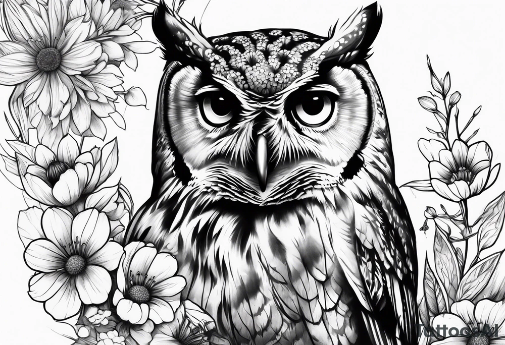 Owl and wildflowers half sleeve tattoo idea