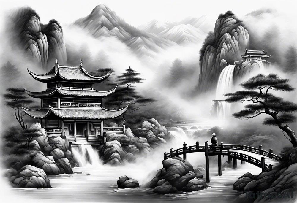 forearm sleeve traditional chinese art painting Chinese temple two old men wearing robes and drinking tea mountains mist fog waterfall tattoo idea