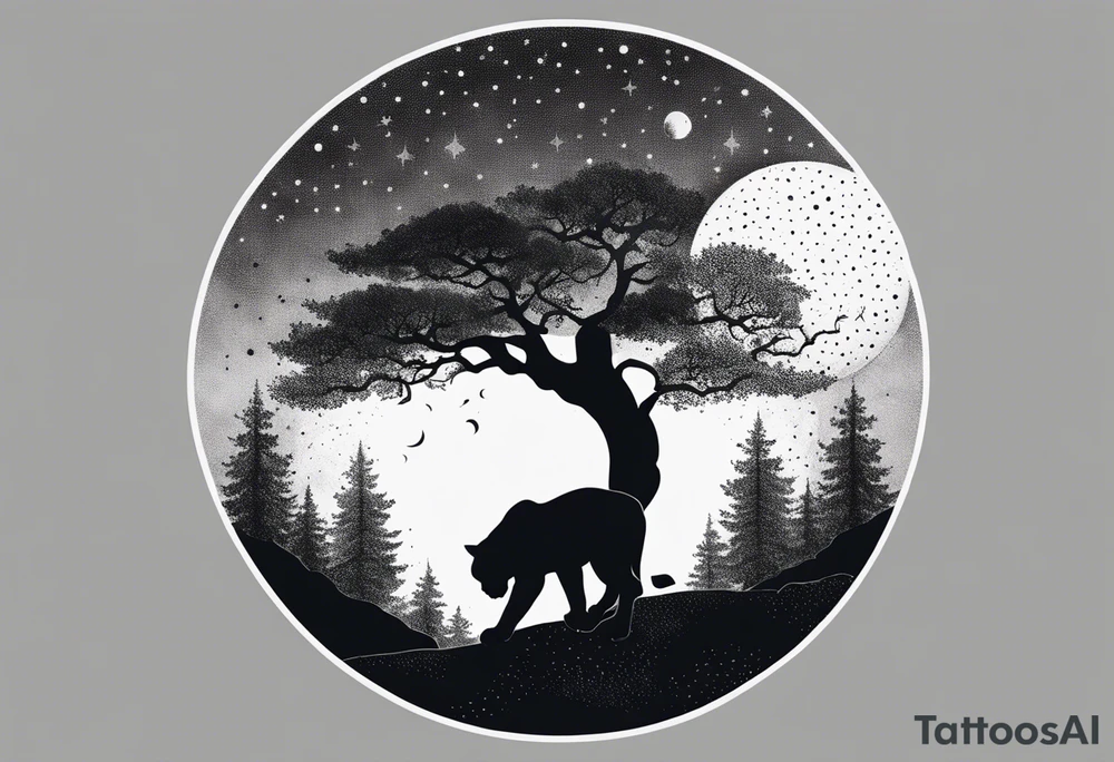 panther and a tree landscape moon tattoo idea