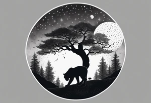 panther and a tree landscape moon tattoo idea