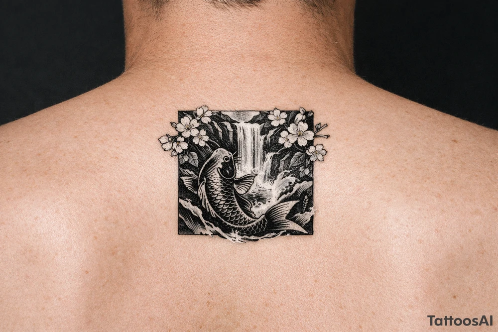Cherry blossoms, waterfall, koi tattoo idea