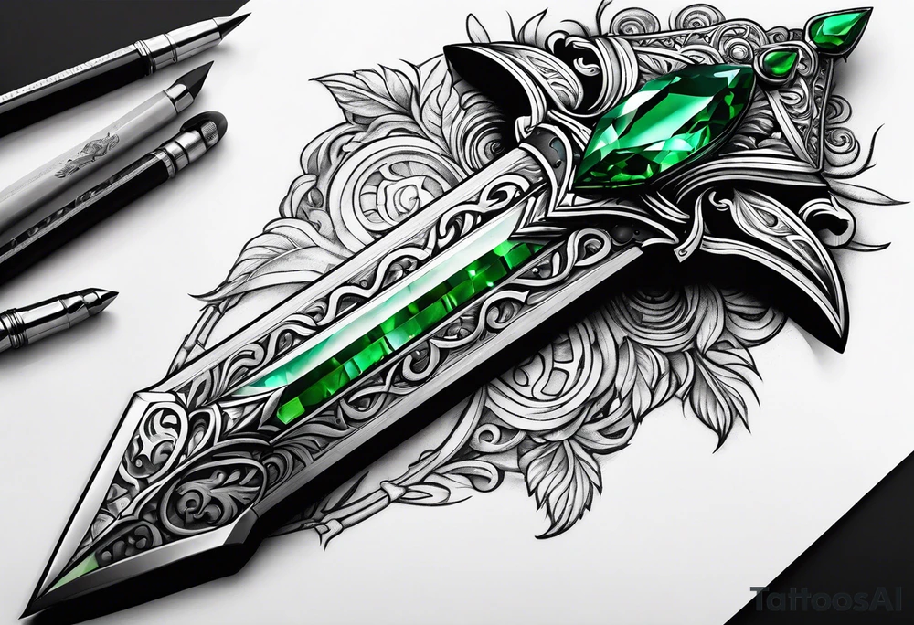 An athame dagger with the hilt turned upward and emerald gemstones on the hilt tattoo idea