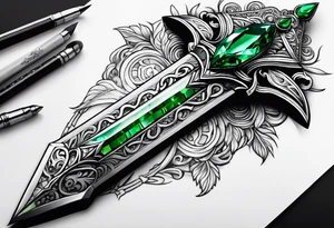 An athame dagger with the hilt turned upward and emerald gemstones on the hilt tattoo idea