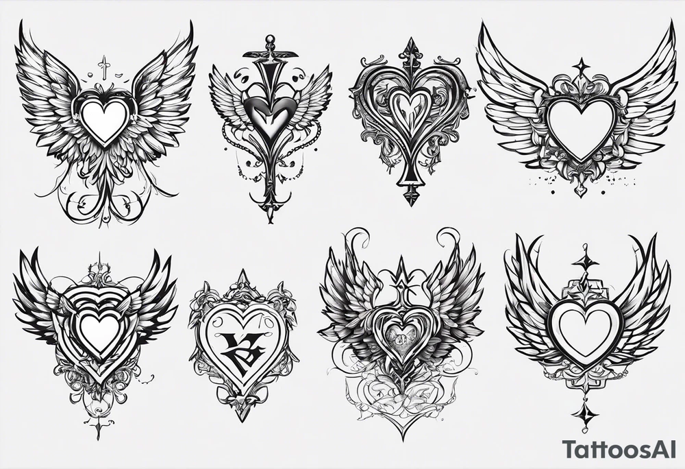 An interupted thin single line for the under arm, with symbols in the best fitting order for (1) the number 22, (2) a heart in forms of initials M and S, (3) angel wings and (4) the + symbol. All in the right order and proportion. tattoo idea