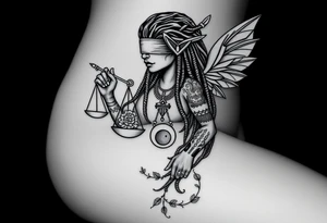 Black Sylph with dreads wearing blind fold and ankh pendant with tattoos holding weighing scales with the sun and moon rose vines surrounding and Anubis guarding tattoo idea