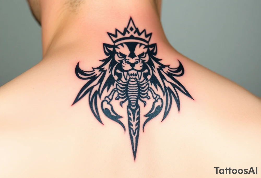 a powerful and majestic lion with a crown and in the middle of this crown , a realistic scorpion, tattoo idea