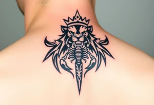 a powerful and majestic lion with a crown and in the middle of this crown , a realistic scorpion, tattoo idea