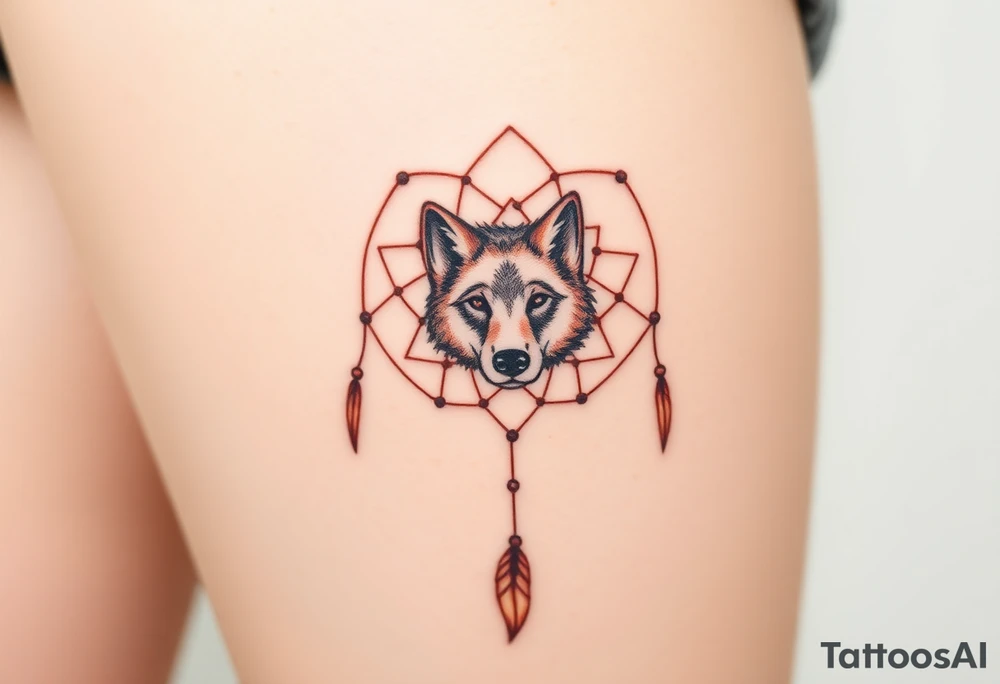 A wolf’s paw print in the center of a dreamcatcher, with the wolf’s face subtly peeking through. The dreamcatcher threads are light brown, and the paw print is shaded in dark brown with hints of green around the edges. tattoo idea