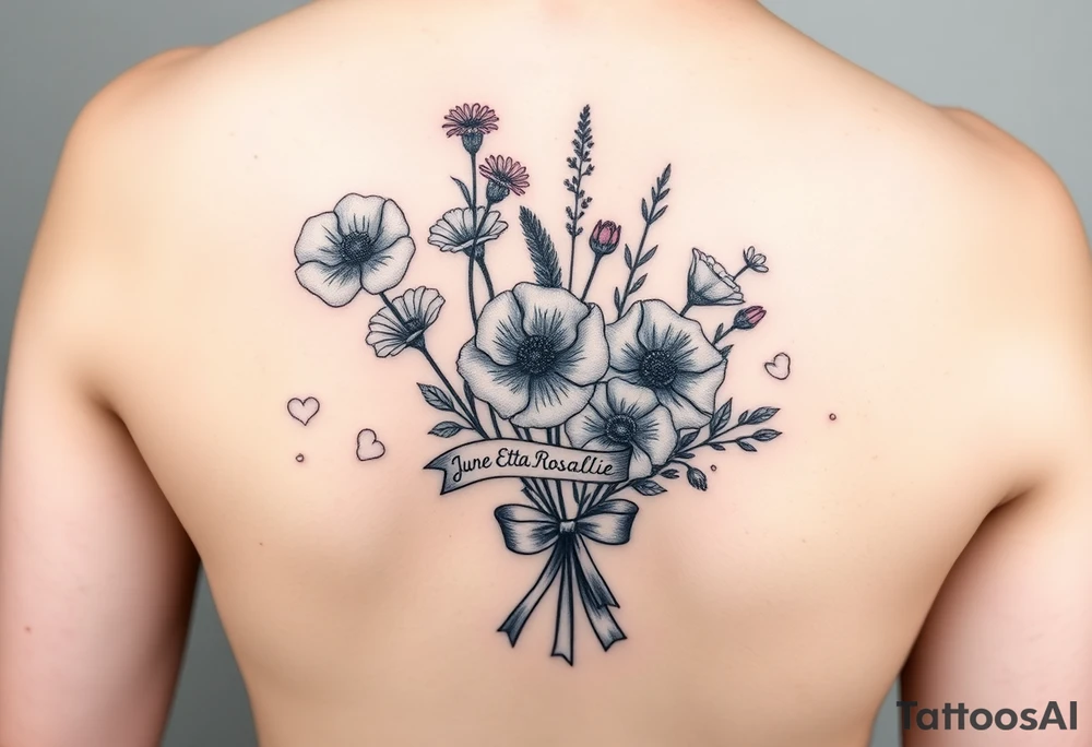 Half arm sleeve tattoo for women of 3 hollyhock flowers, one wild rose, 5 wild flowers in a bouquet with ribbon bow towards the bottom like the just got picked. On the ribbon include three names: June Etta, Roxy, Rosalie. Next the bouquet sperately put a full realistic doctors stethoscope tattoo idea