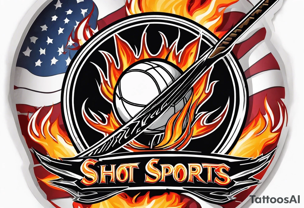 puck with crossed hockey sticks in the background and flames that says "SHOT SPORTS" tattoo idea