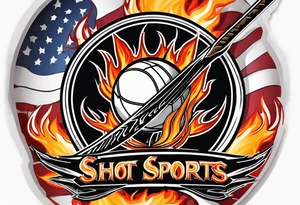 puck with crossed hockey sticks in the background and flames that says "SHOT SPORTS" tattoo idea