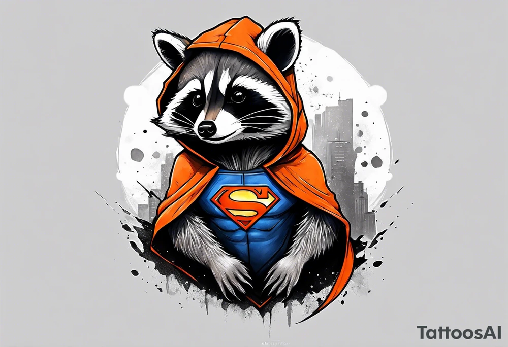 Raccoon wearing an orange Superman hoodie tattoo idea