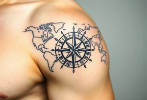 antique compass rose overlaid on weathered world map with sailing ships tattoo idea