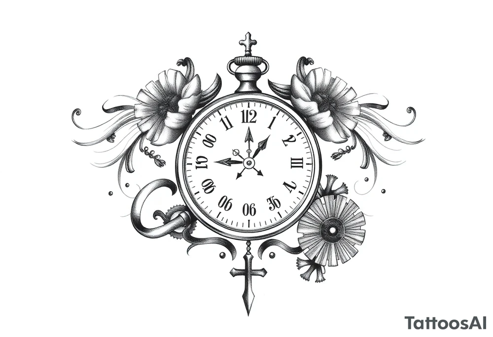 A meaningful tattoo for a 55-year-old man that embodies the themes of fatherhood, time, and integrity. Central to the design is a timepiece (such as a classic pocket watch, sundial, or hourglass) symbolizing his commitment to valuing and managing time despite challenges with focus due to ADD. The design incorporates subtle elements that celebrate his role as a father—perhaps small, meaningful symbols like initials, a family tree, or a compass pointing towards "home" to represent his children. Integrate dynamic elements like flowing sand, gears, or a ribbon of time to capture the feeling of focus and perseverance. The overall style can range from intricate realism to a more abstract or geometric design, depending on his preference.  Add a cross to represent his faith. tattoo idea