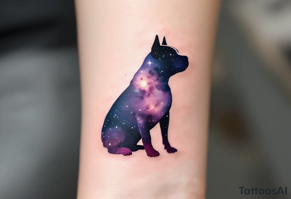 Galaxy Staffbull Silhouette
Silhouette of a sitting Staffbull filled with a galaxy pattern—purple, navy, and starry white dots. Abstract and dreamy. tattoo idea