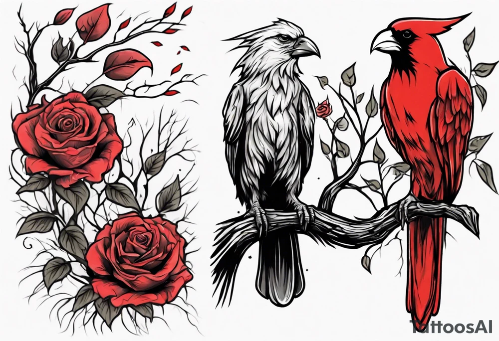 A full sleeve Willow tree with a cardinal holding a rose and a eagle tattoo idea