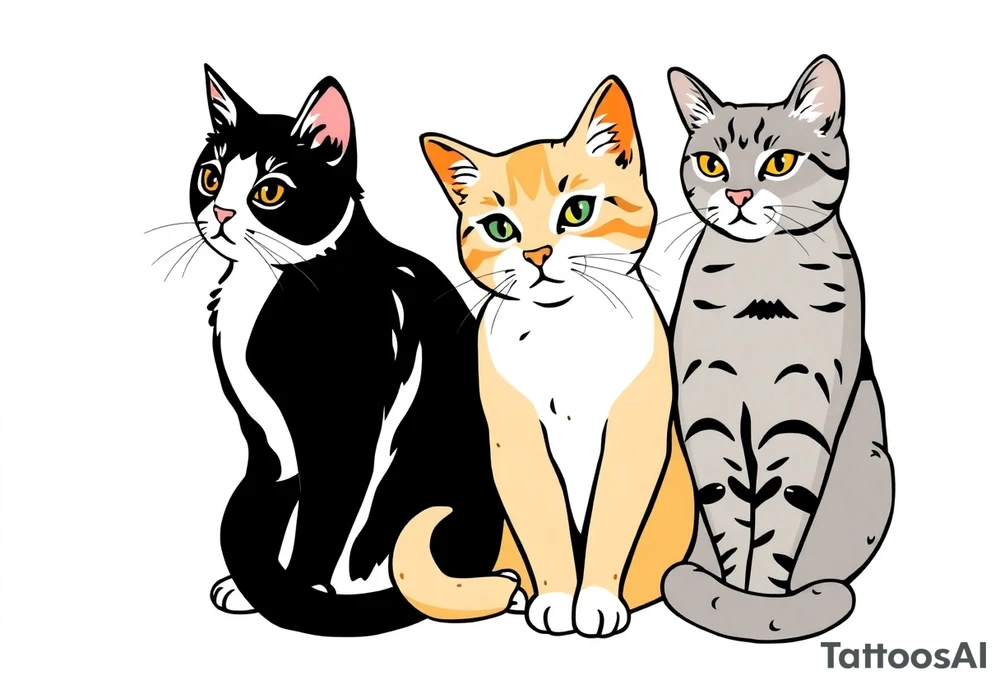 three cats, one black and white cat, one orange and white cat and one grey tabby cat tattoo idea