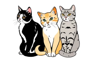 three cats, one black and white cat, one orange and white cat and one grey tabby cat tattoo idea