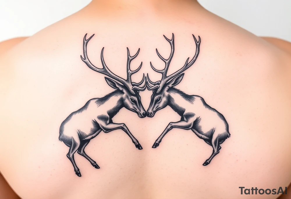 Two full body deer hitting each others horns in a low down fighting manner tattoo idea