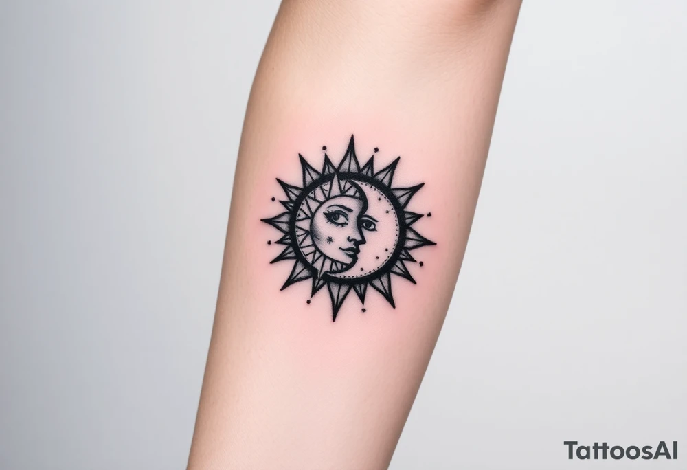 celestial sun and moon embrace with constellation patterns tattoo idea
