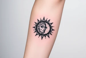 celestial sun and moon embrace with constellation patterns tattoo idea