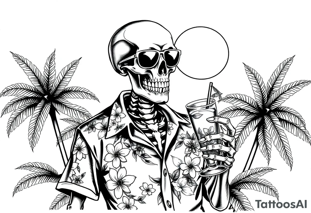 a skeleton in hawaiian shirt, palms, a cocktail,sun,sun-glasses,sea. tattoo idea