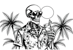 a skeleton in hawaiian shirt, palms, a cocktail,sun,sun-glasses,sea. tattoo idea
