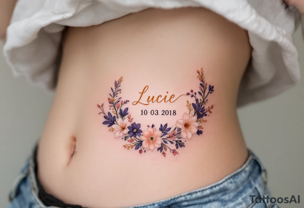 Lucie 10. 03. 2018) – A rosy peach and deep purple floral wreath, wrapping around Lucie's birthdate, with gold filigree detailing. tattoo idea