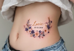 Lucie 10. 03. 2018) – A rosy peach and deep purple floral wreath, wrapping around Lucie's birthdate, with gold filigree detailing. tattoo idea