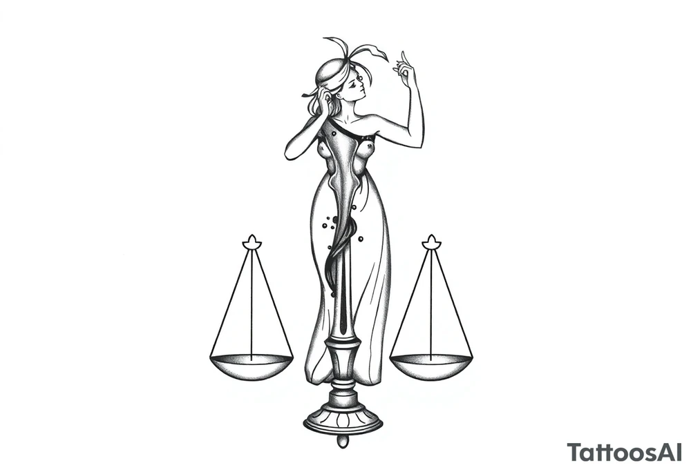 I want a tattoo that combines the Aquarius water bearer and the Libra scales. The water should flow elegantly from the jug, merging into or balancing the scales below. tattoo idea