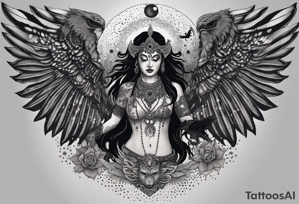 black kali, goddess pirate, alien, angel, pachamama, valkrye, warrior, flying, skull, lotus azul, wing, eagle, zenza resonance, stars, 5D, anahata chakra, death, durga, riding on a tiger, flying lady, kundalini, chest tatoo, samuri, rebel,s erpent tattoo idea