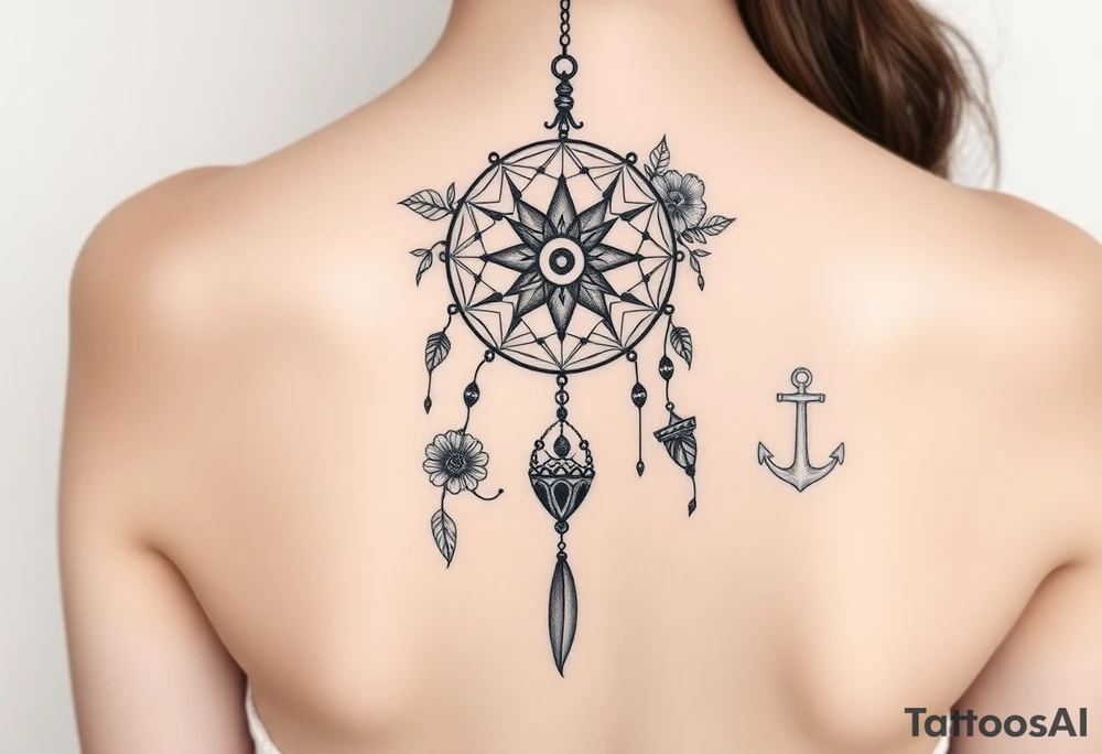 Boho dream catcher with compass and anchor Beautiful flowers and an ornamental chandelier like look tattoo idea