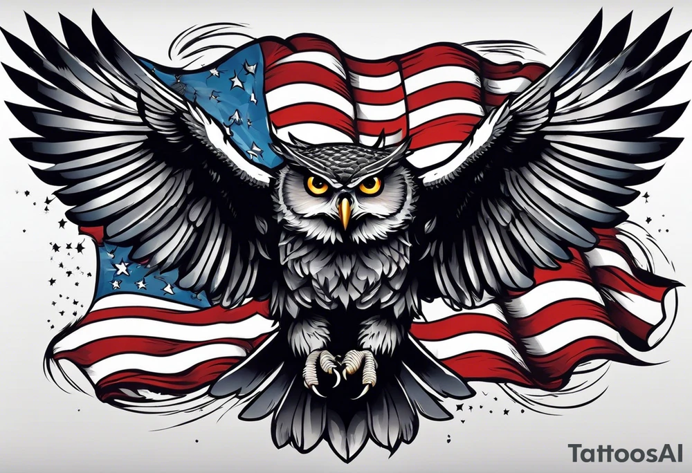 angry owl swooping down with talons holding an american flag tattoo idea