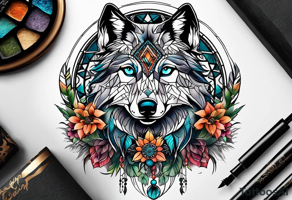 A whimsical wolf tattoo featuring mandala or dream catcher elements, with the wolf as the central focus, surrounded by mountains in the background. Include flowers and nature elements to fill the space around the wolf. tattoo idea