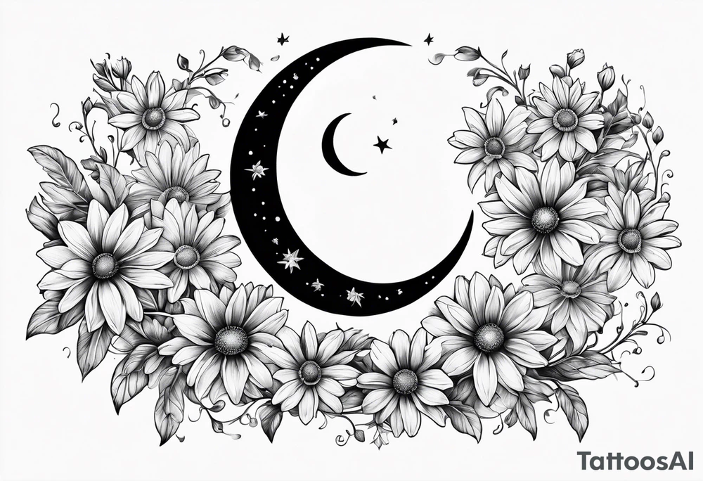 Crescent moon shrouded by beautiful daisies tattoo idea Crescent moon shrouded by beautiful daisies tattoo idea