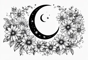 Crescent moon shrouded by beautiful daisies tattoo idea