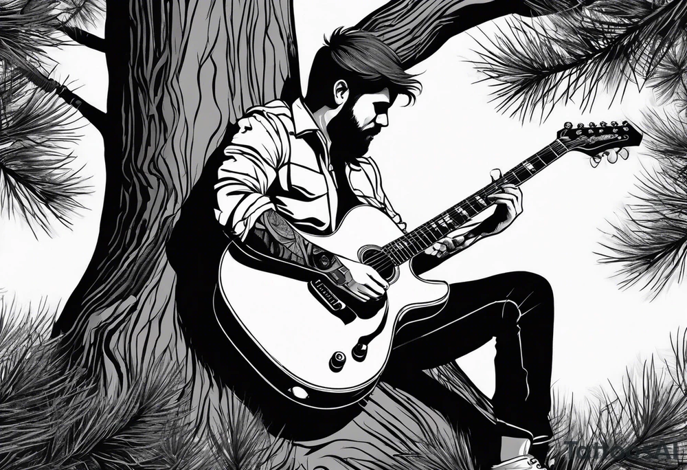 man playing electric guitar while sitting in a pine tree. simple tattoo idea man playing electric guitar while sitting in a pine tree. simple tattoo idea