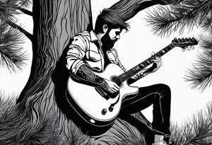 man playing electric guitar while sitting in a pine tree. simple tattoo idea