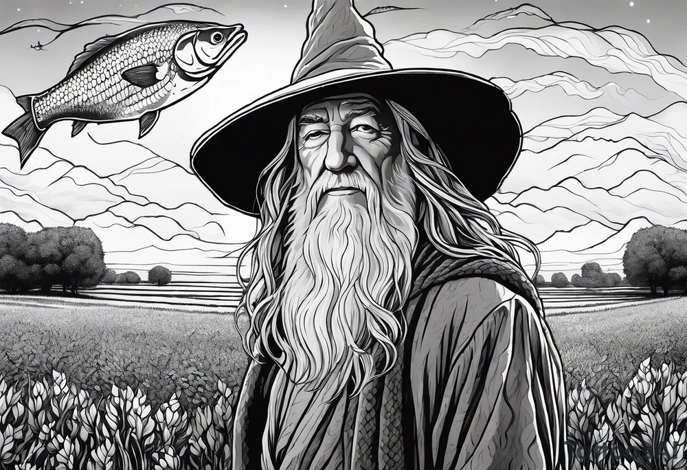 gandalf walking into a field made out of fish tattoo idea