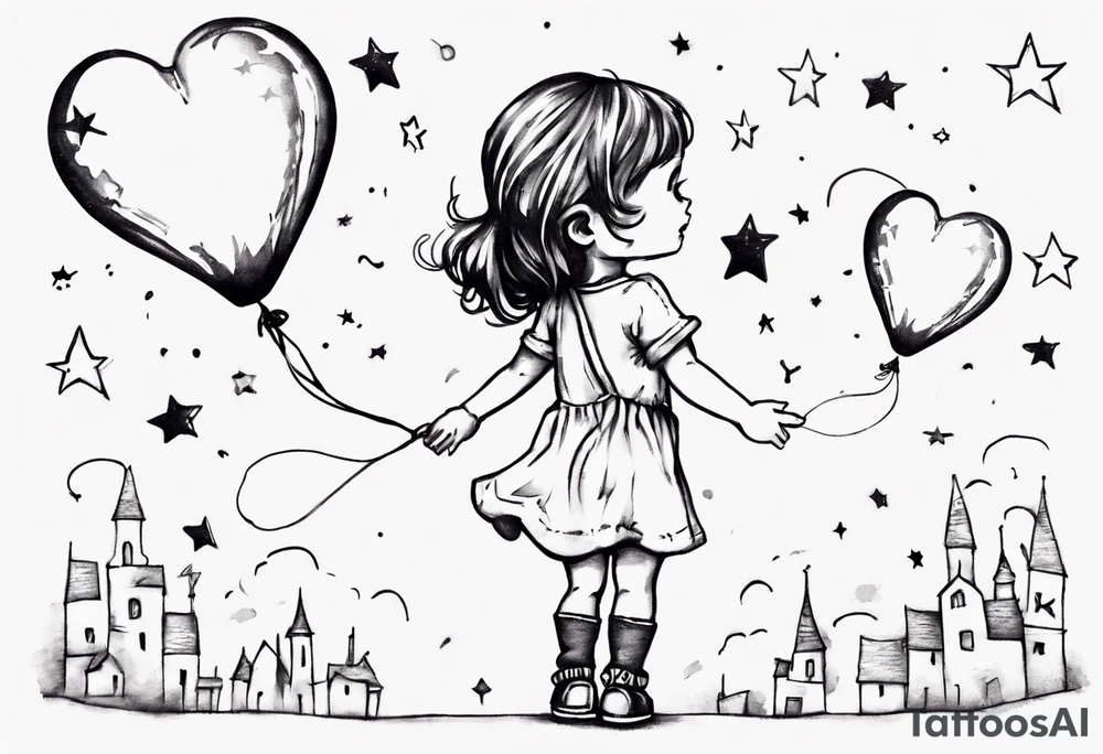Little girl holding on to heart and star balloons and going up to the sky tattoo idea