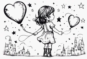 Little girl holding on to heart and star balloons and going up to the sky tattoo idea