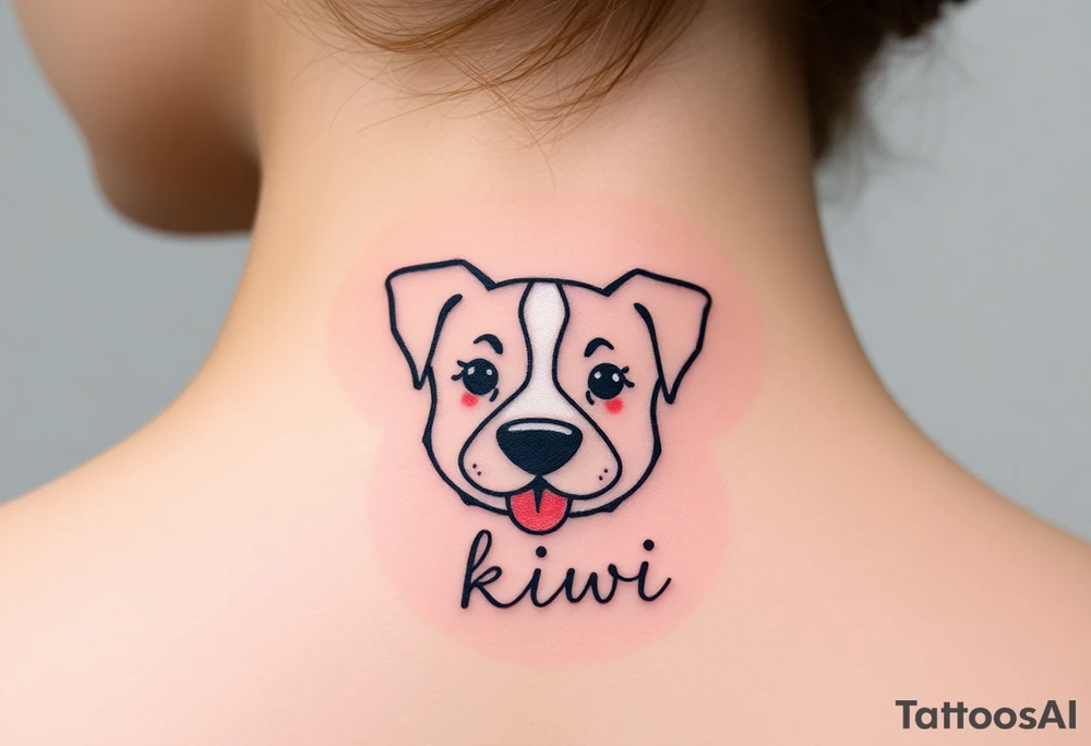 One line tattoo of female dog with white strip going up dog’s snout slightly off centered. With  the dogs tongue slightly out and the name kiwi tattoo idea