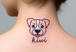 One line tattoo of female dog with white strip going up dog’s snout slightly off centered. With  the dogs tongue slightly out and the name kiwi tattoo idea